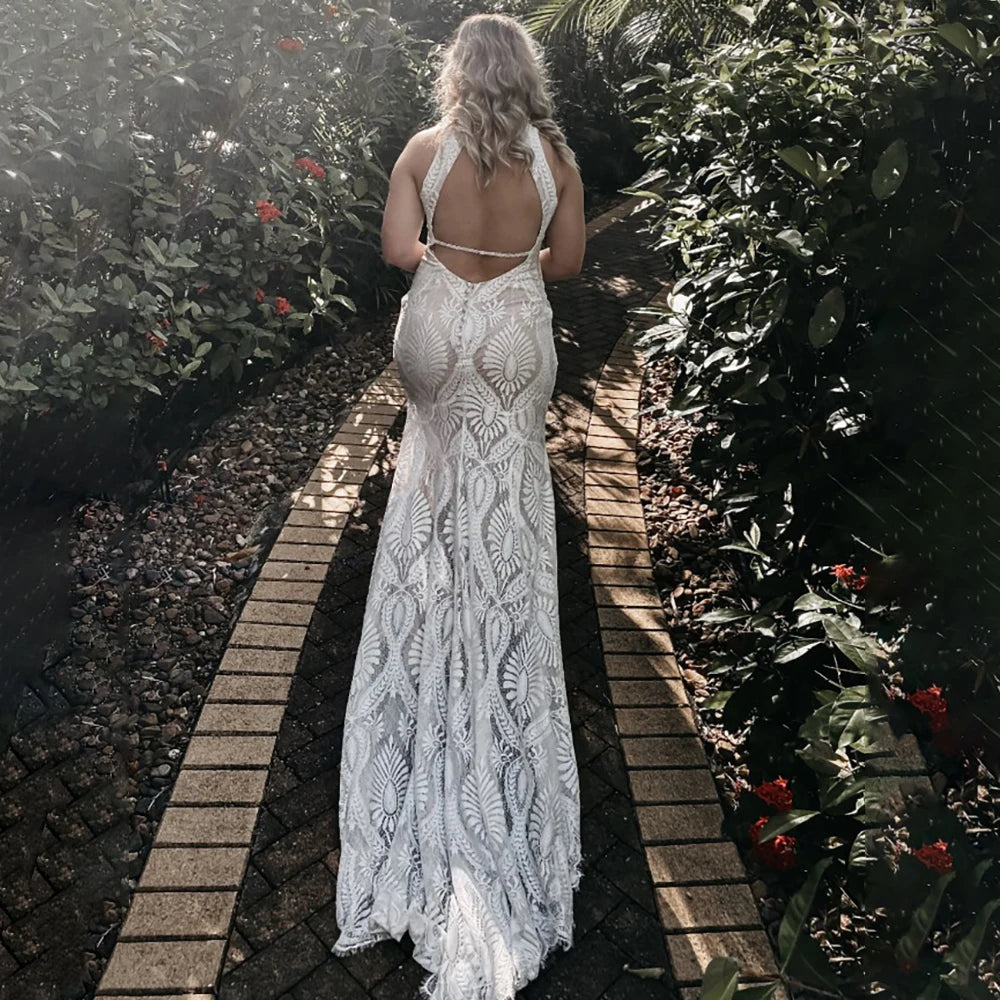 8406# Real Photos Elegant Sleeveless O-neck Sheath Wedding Dress Backless Sweep Train Bridal Gown for Women Custom Made Boho