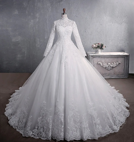 Customizable American Lace Vintage Empire Bridal Dress Zipper Back Stand Collar Long Sleeve Large Tail Plus Size Muslim Wedding