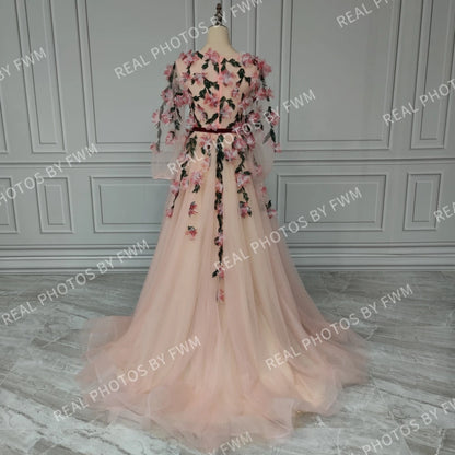 14252# Real Photos Romantic Long Sleeves V Neck 3D Flowers Tulle A-line Prom Evening Dress Wedding Party Gown for Women