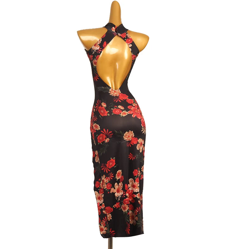 New Split Skirt Latin Dance Party Chiffon Dress V-neck Natural Waistline Breathable Floor-Length