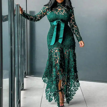 Boutique Wholesale 2025 Autumn New Fashion Stand Collar Lace Hollow Out Long Sleeved Irregular Women's Dress
