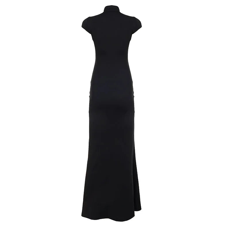 Sexy Mandarin Collar Solid Maxi Dress Cut-Out High Slit-Glam Short Sleeve Natural Waist Breathable Washable Chinoiserie Party