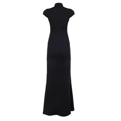 Sexy Mandarin Collar Solid Maxi Dress Cut-Out High Slit-Glam Short Sleeve Natural Waist Breathable Washable Chinoiserie Party