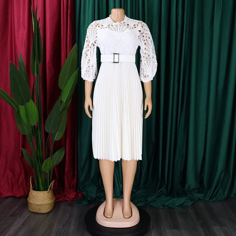 Europe and America New Design Ladies Spring Dress new Solid Lace Dresses Women Hook Flower Hollow Out Pleated Dress