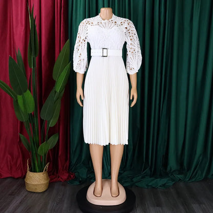Europe and America New Design Ladies Spring Dress new Solid Lace Dresses Women Hook Flower Hollow Out Pleated Dress