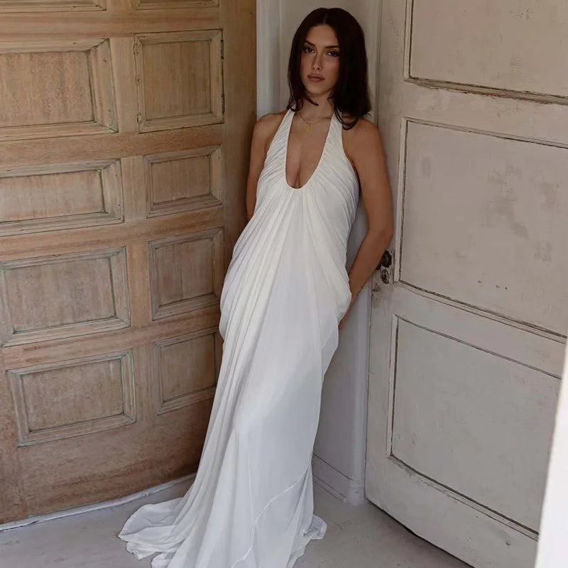 Sexy Halter Neck Backless White Mesh Casual Women Summer Maxi Dress Elegant Ladies Fashion Western Dresses 2026 New Arrivals