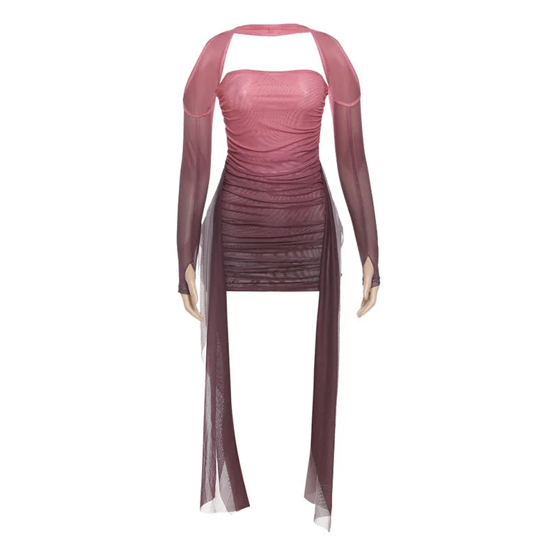 Valentine Mesh Women Mini Dress Fashion Solid Strapless Ribbons Tassel Body-shaping Vestidos+Seperately Full Sleeve Gloves