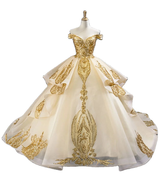 Feishiluo Luxury A-Line Wedding Dress Off-Shoulder Crystal Sequins Floral Lace Appliques Brush Train V-neck 100% Polyester OEM