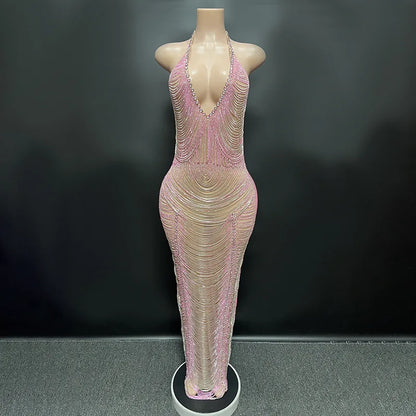Novance Y2699-Lc Maxi Plus Size Custom Dresses Manufacturing Golden Evening Dress Rhinestone Dress With Mesh for Birthday Party