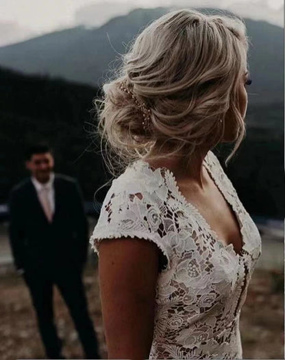 9803#Sheath Wedding Dresses V Neck Cap Sleeves Sexy Backless Vestidos De Novia Mermaid Bride Dresses Bridal Gowns Wedding Dress