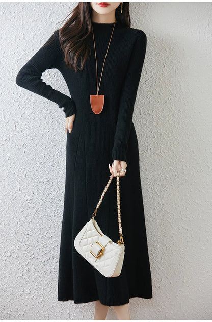 Autumn and Winter Women's Mid Length Knee Length Sweater Dress Semi High Collar Bottom A-line Knitted Dress