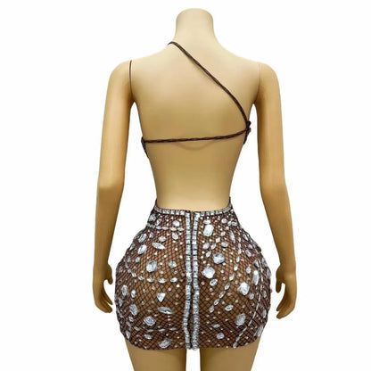 Sexy Diamond Birthday Banquet Dress Lady Cut Out Dinner Gown Women Backless Rhinestone Prom Mini Dress Night Club Party Dress