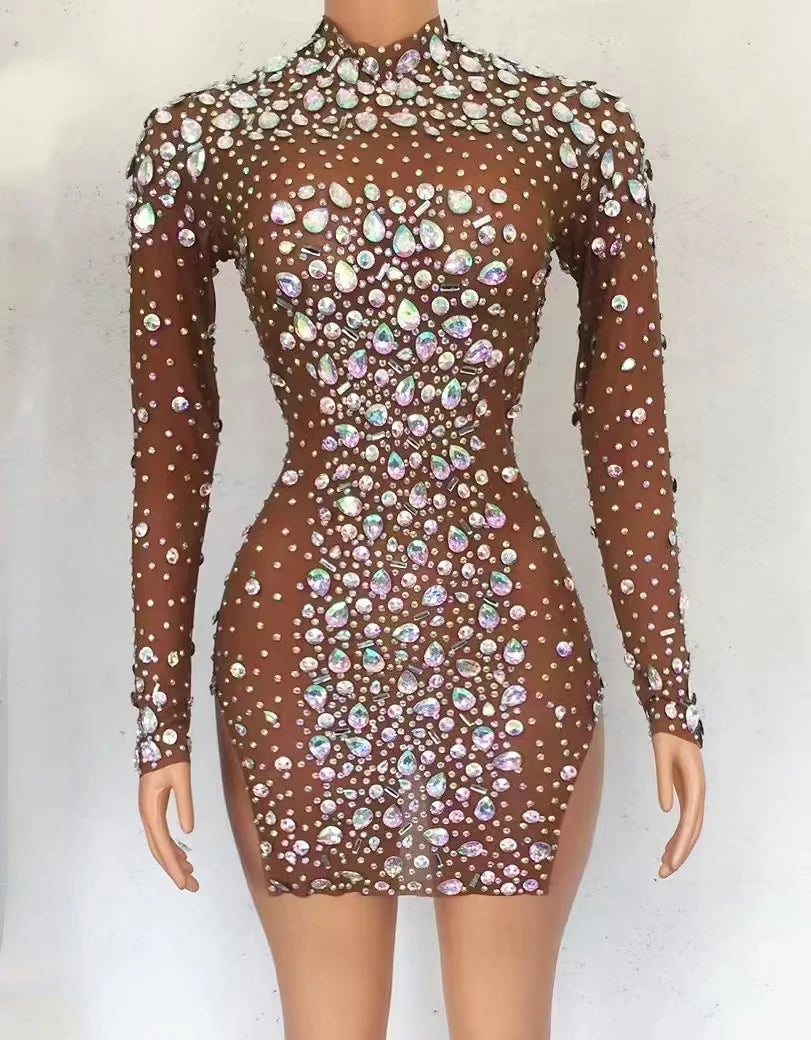 Luxury Transparent High Slit Crystal Club Hip Wrapped Dress Jazz Singer Dance Stage Costume Women Birthday Party Prom Dresses