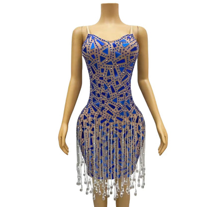 Sexy Rhinestone Sequins Fringes Party Celebration Bodycon Dress Ladies Dancer Wear Women Tassel Club Dress Evening Prom Dress