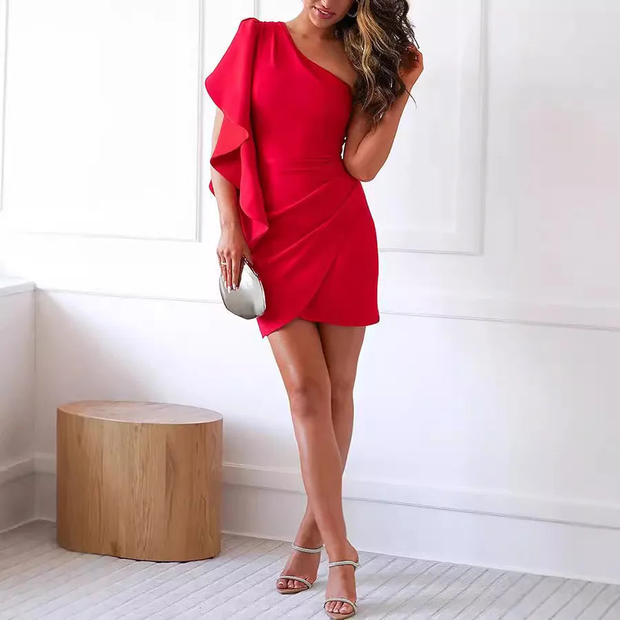 Women's Vintage Sweet Solid Casual Spring Summer Evening Gowns One Shoulder Neck Natural Waistline Breathable Nonwoven Mini