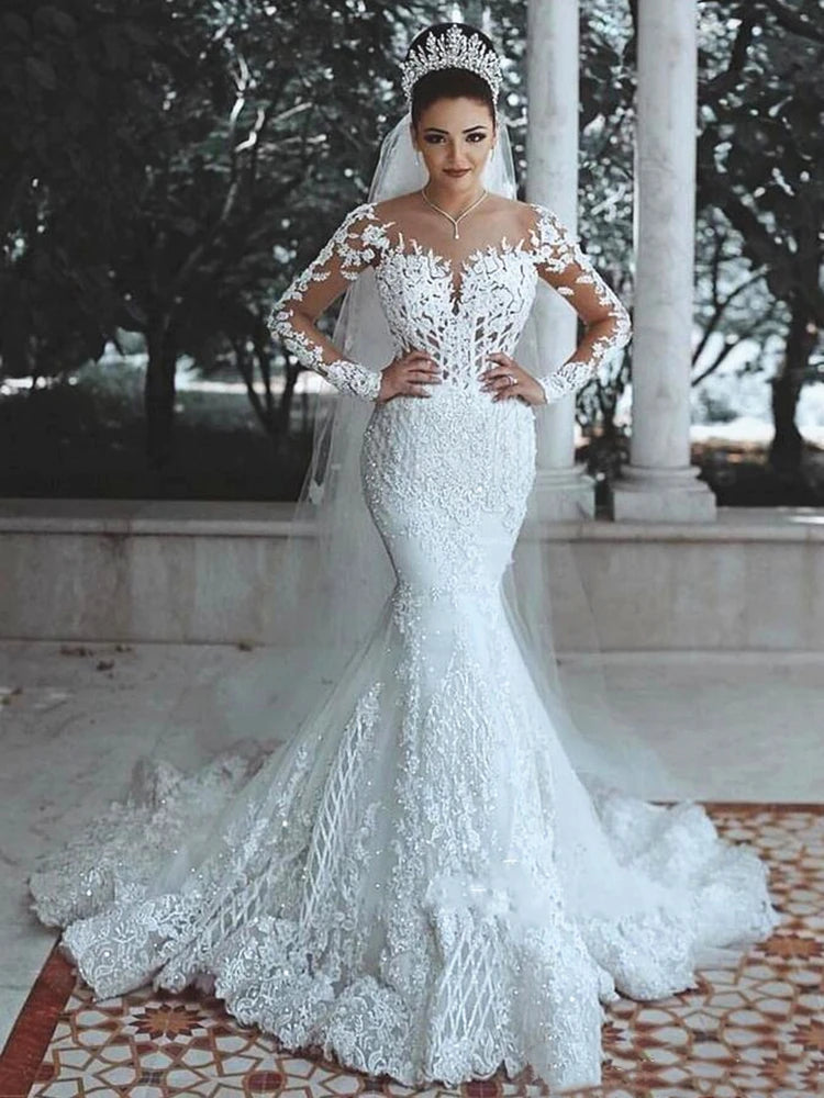 FA250 Sparkly Lace Wedding Dress Mermaid Illusion Bodice Vestido De Noiva Long Sleeve Sheer Neck Appliques Bridal Gowns