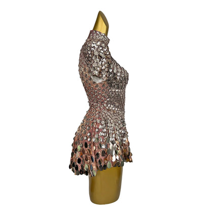 Shiny Short Sleeve Glitter Sequins Short Cocktail Dress Rave Festival Outfits Dance Wear Female Mini Birthday Party a Line Dress