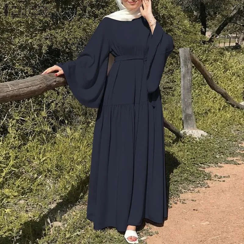 High Quality O-Neck Long Sleeved Abaya Breathable Traditional Solid Islamic Polyester Kaftan Dress for Muslims Thawb Style