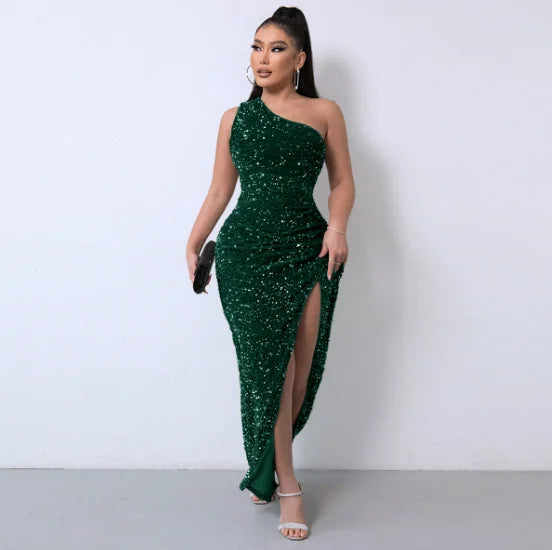 Liu Ming High End Sexy One Shoulder Backless Club Party High Split Sleeveless Elegant Sequin Long Bodycon Dress for Women