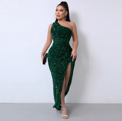 Liu Ming High End Sexy One Shoulder Backless Club Party High Split Sleeveless Elegant Sequin Long Bodycon Dress for Women