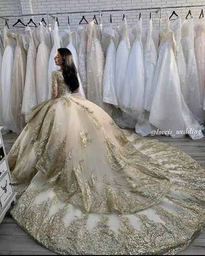 NE218 Vintage Lace Ivory With Gold Lace Long Sleeves Wedding Dress Turkey Wedding Ball Gowns Sparkly Bride Dress