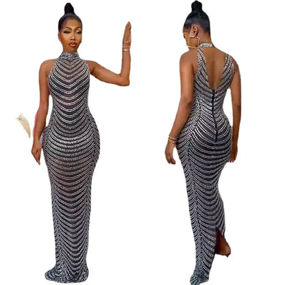 Spring New Elegant Cross-Border  Women's Evening Rhinestone Embellished A-Line Floor-Length Party High INS
