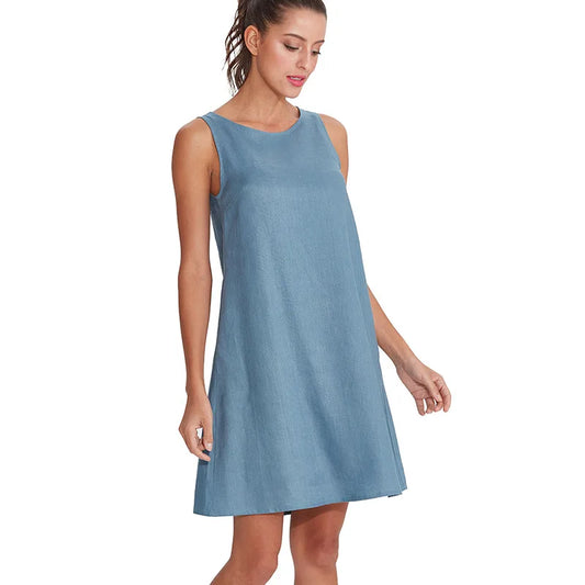 100% Linen O-Neck A-line Casual Sleeveless Loose Pockets Dress for Women