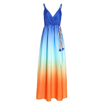 S-XXL Spring Summer Colorful Gradient Dress Temperament Commuter Strap Dress Solid Blue Chiffon Dress TIE DYED