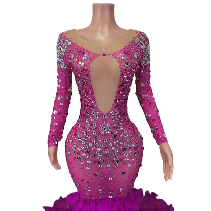 Elegant Pink Diamond Formal Birthday Cocktail Evening Dress Long Tail Ball Gown Women Feathers Pageant Party Prom Mermaid Dress