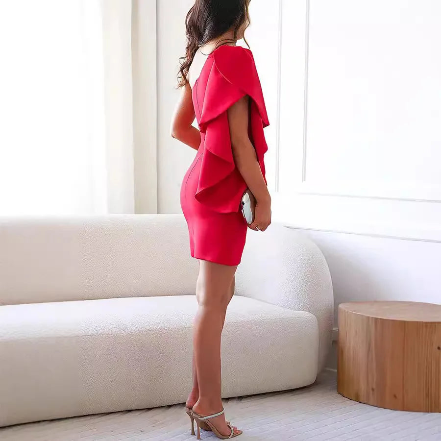 Women's Vintage Sweet Solid Casual Spring Summer Evening Gowns One Shoulder Neck Natural Waistline Breathable Nonwoven Mini