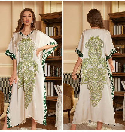 2026 New Satin Printed Abaya Women Traditional Islamic Clothing Long Robe Modest Muslim Dress
