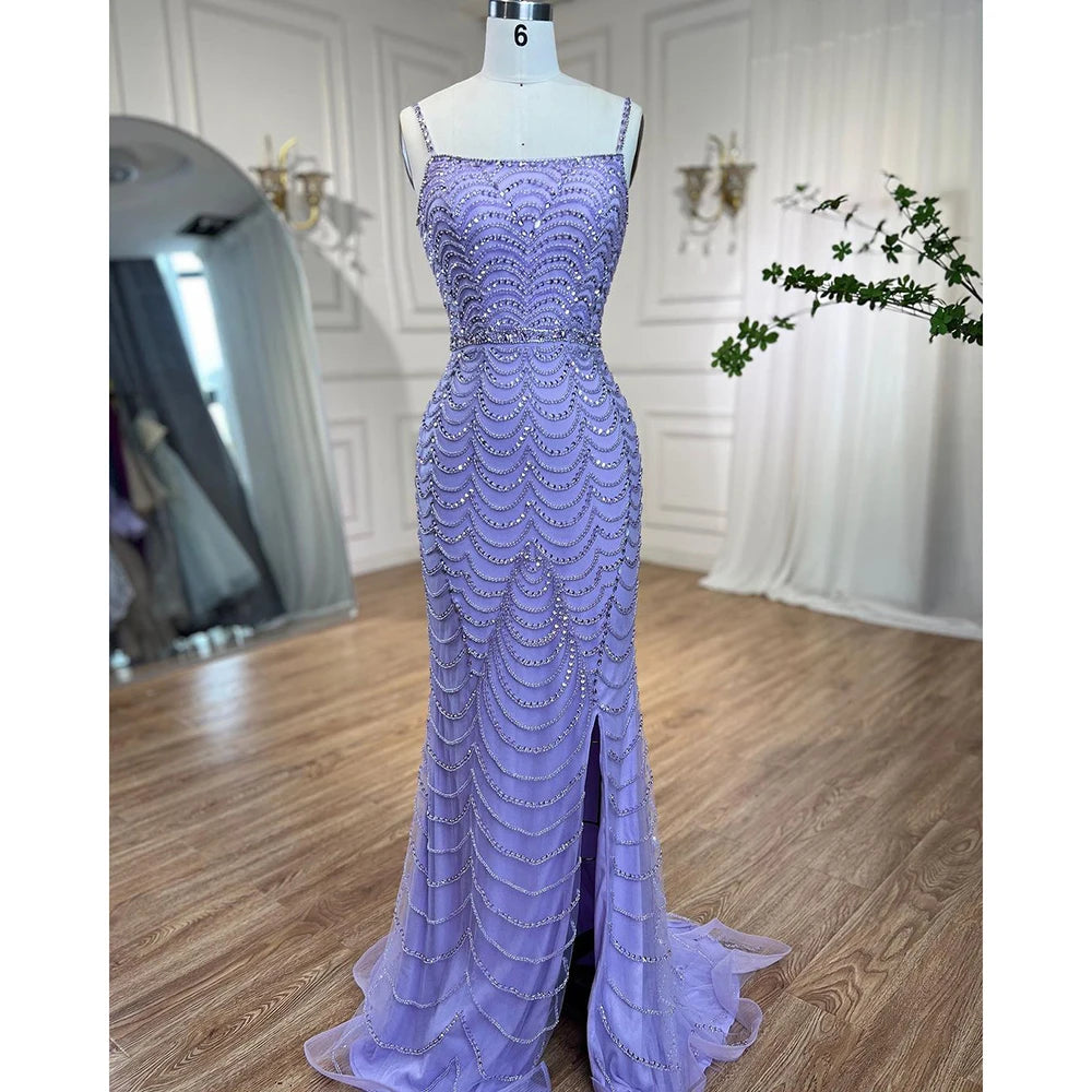 Serene Hill LA72109 Lilac Spaghetti Strap Mermaid Beaded Evening Gown with  Side Slit Formal Party Dress for Women