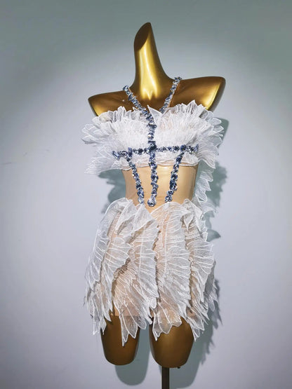 Designer Gold Ruffles Rhinestone Dinner Prom Dress Party Stage Dancer Clothes Ladies Birthday Dress Women Mini Night Club Dress