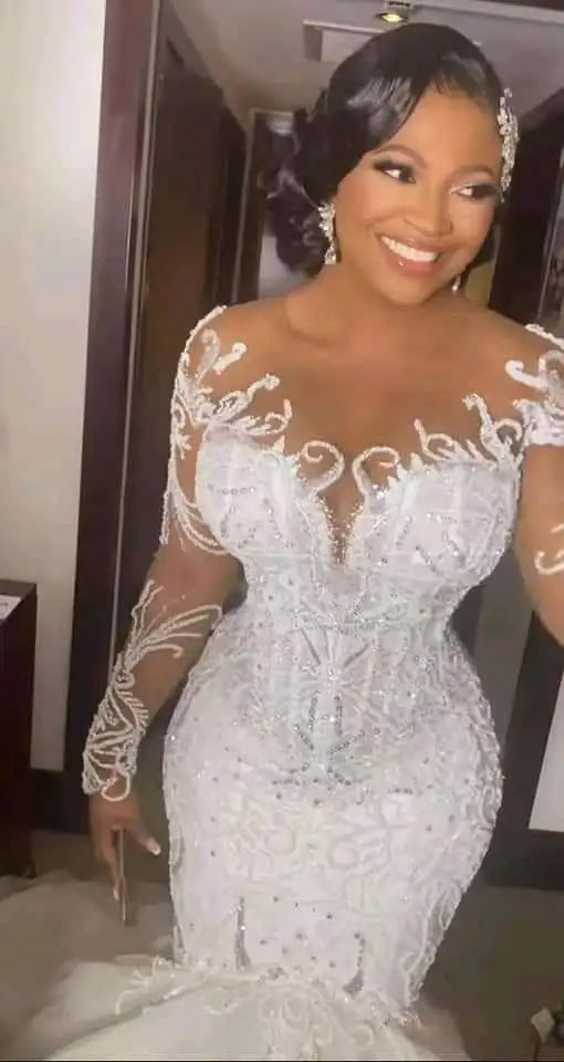 S583F  New Off-shoulder  High Quality Sequined Beading Mermaid Sexy Luxury  Long Sleeve Wedding Dress