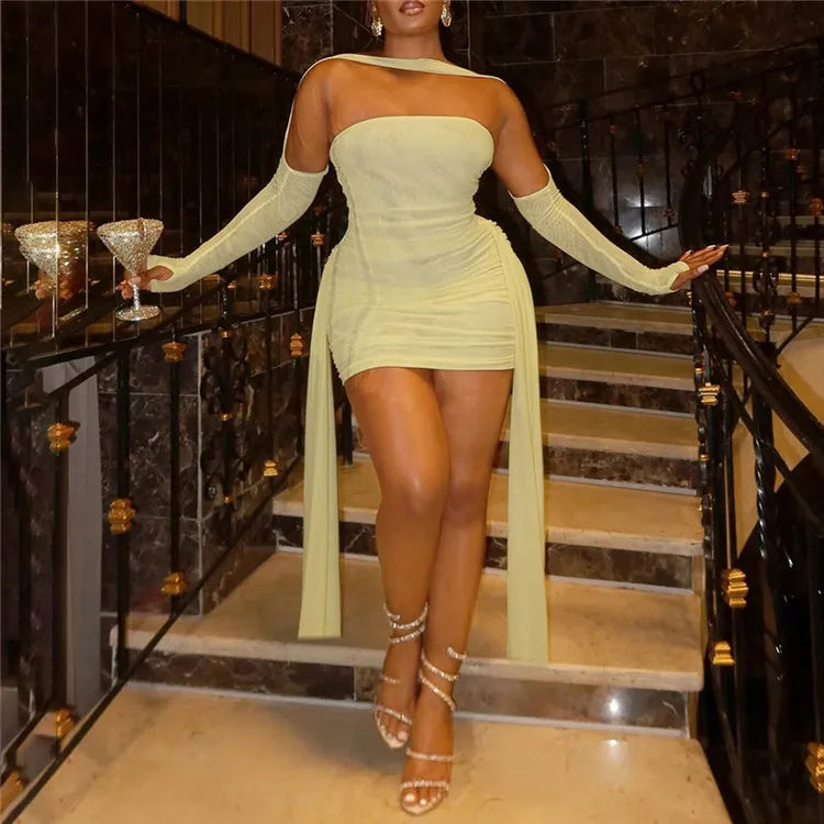 Valentine Mesh Women Mini Dress Fashion Solid Strapless Ribbons Tassel Body-shaping Vestidos+Seperately Full Sleeve Gloves