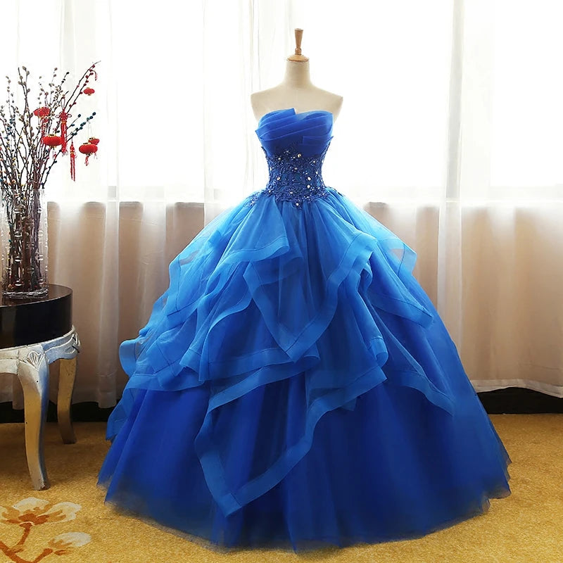 2022 Latest Strapless Red Champagne Blue Green and Ivory Beaded Flower Embellished Plus Size Puffy Wedding Evening Party Dress