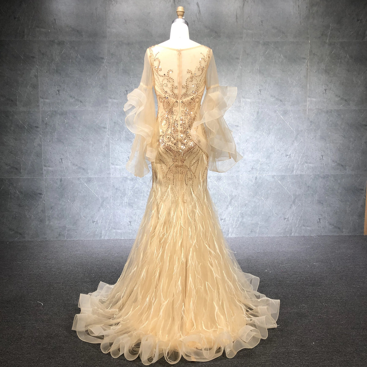 2020 New Arrival Beading Mermaid Ruffle Sleeve Evening Dresses Party Dress for Women Dress