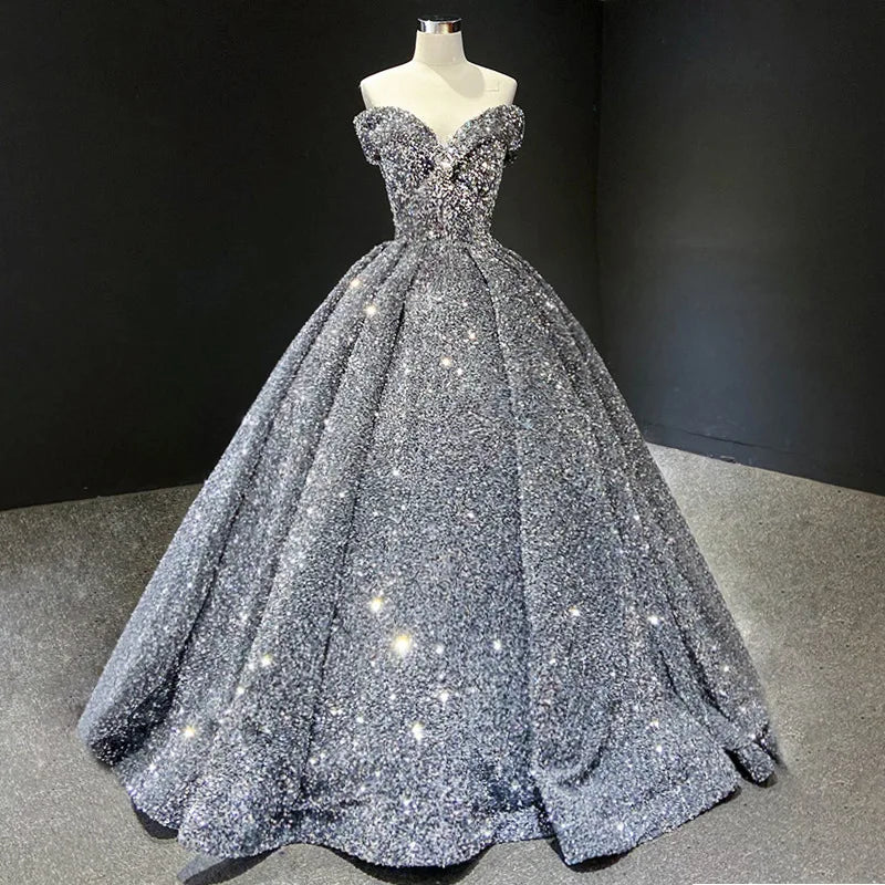 Elegant Modern One-Shoulder Bridal Wedding Dress Lace-up Tutu Skirt Adults Sleeveless Ball Gown Color Changing Sequin Prom Gown