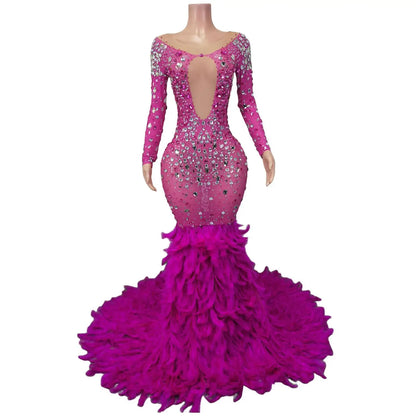 Elegant Pink Diamond Formal Birthday Cocktail Evening Dress Long Tail Ball Gown Women Feathers Pageant Party Prom Mermaid Dress