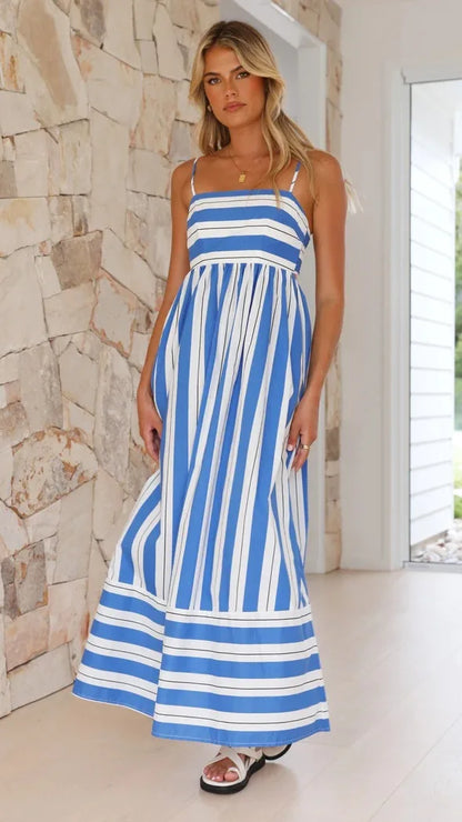 Enyami S-XL Summer Beach Holiday Boho Elegant Striped Sexy Back Design Long Sleeveless A-line Vacation Maxi Slip Women Dress