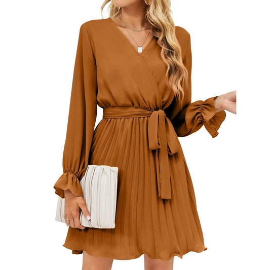 Elegant Casual V-Neck Pleated Mini Dress with Belt Women's Long Sleeve Fashion Dress Solid Pattern Natural Waistline
