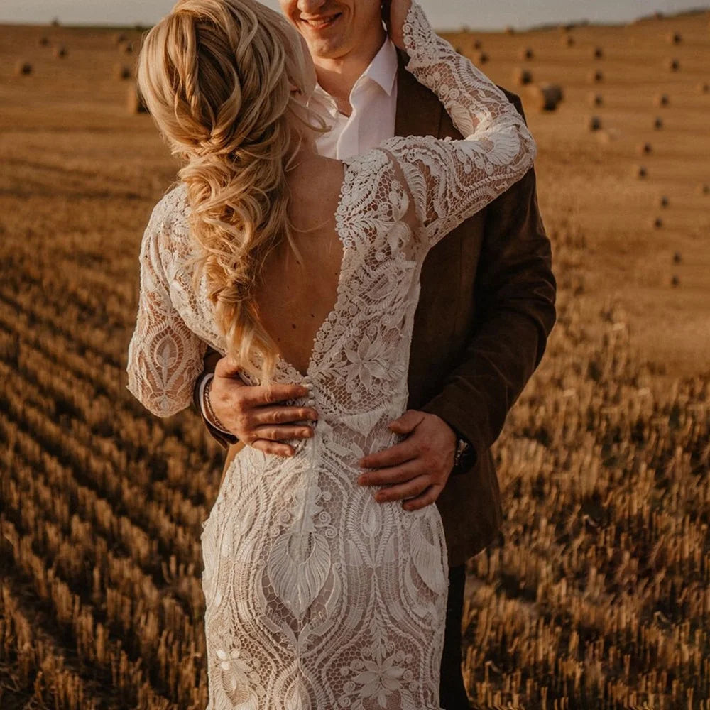 #10165 2 Pieces Long Sleeves Lace Rustic Wedding Dress Backless Vintage Beach Barn Ranch Plus Size Custom Made  Mermaid