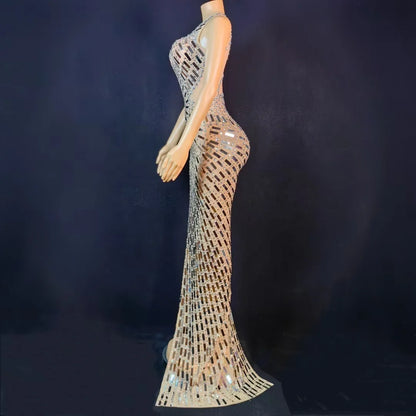 Elegant One Shoulder Rhinestone Sequins Ball Gown Ladies Dinner Banquet Party Long Dress Women Sexy High Slit Prom Evening Dress