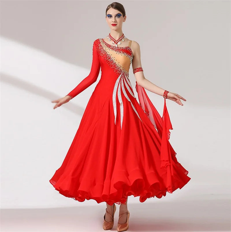 Exquisite High Quality Women Ladies Performance Wear International Standard Competition Red Ballroom Dance Dress