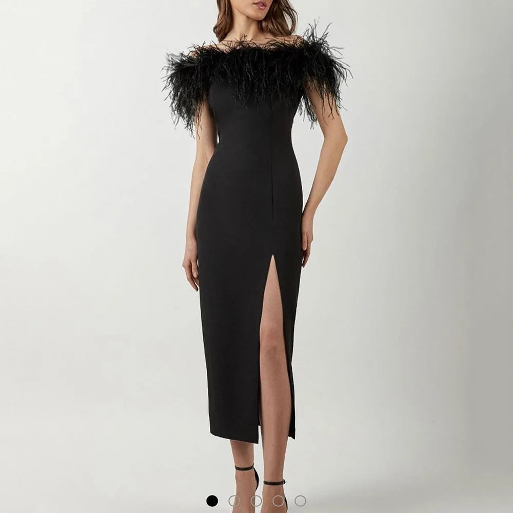 New Multicolor Simple Sleeveless Split Front Sheath Evening Dress With Feathers Prom Party Dress for Plus Size Women Custom Made