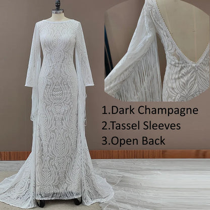 #4053 New Elegant Lace Bateau Long Sleeves Boho Wedding Dress Backless Plus Size Rustic Bridal Photoshoot Gown
