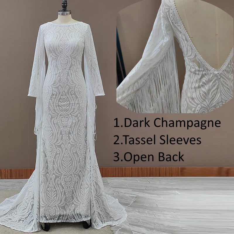 #4053 New Elegant Lace Bateau Long Sleeves Boho Wedding Dress Backless Plus Size Rustic Bridal Photoshoot Gown