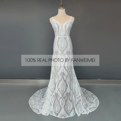 10864#Real Photos Spaghetti Straps Sleeveless V-Neck Open Back Sweep Train Lace Bohemian Boho Wedding Dress Wedding Bridal Gown