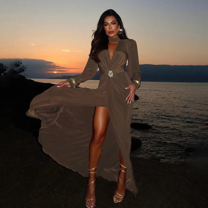 Cross-border Fashion Deep V High Split New Long Dress Pleated Design Sense Celeb Dress Dress