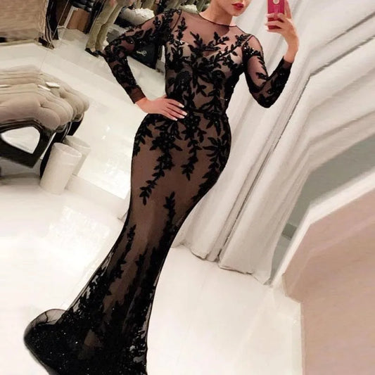 EV124 Sexy Long Sleeve O-Neck Vestidos Elegantes Para Mujer Mermaid Evening Dress Lace Prom Dress Appliques Party Gown